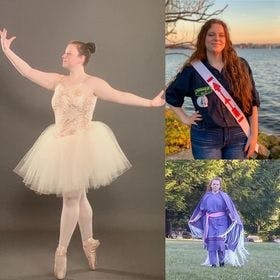 Collage of Addison. Left picture of her in a white ballet outfit. Top right picture of her wearing a sash, with a lake in the background. Bottom right picture of her posed in a head to toe purple outfit